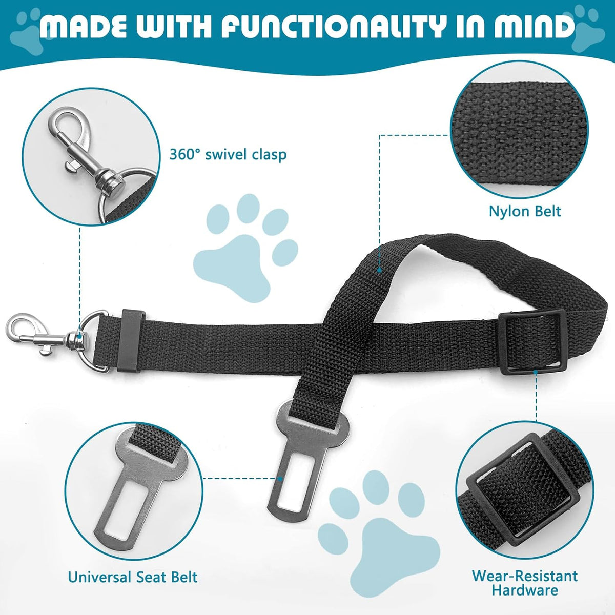 Adjustable Dog Seat Belt for Car, 2 Pack Pet Safety Belts for Vehicles, Heavy-Duty Nylon Puppy Harness Seatbelt Leash for Driving, Universal Fit Seatbelts for Pets in SUV, Truck, Travel, Black
